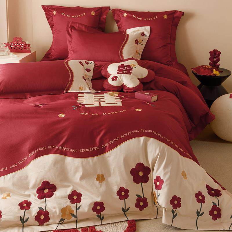 结婚4件套浪漫花朵婚庆四件套100S支长绒棉喜字被套红色结婚床品