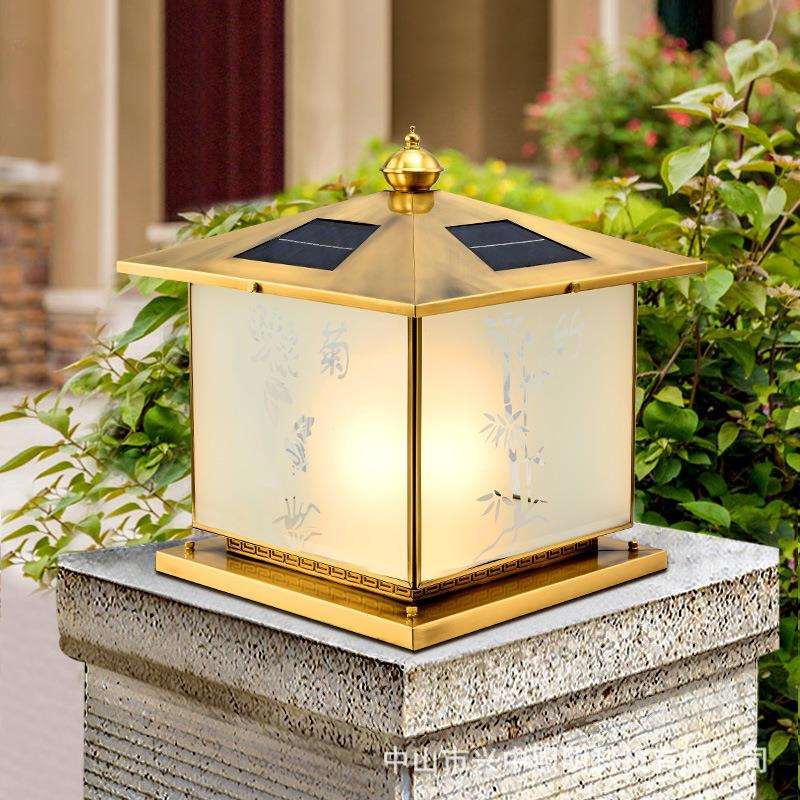 简约中式风庭院灯全铜户外防水太阳能景观灯新中式别墅花园柱头灯