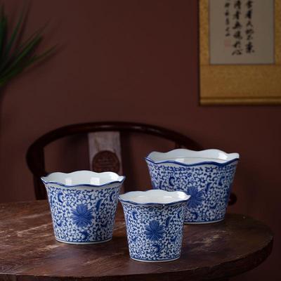 青花瓷缠枝莲陶瓷花盆有孔陶瓷花盆中式陶瓷绿植大中小陶瓷花盆