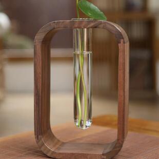 黑胡桃实木花器创意玻璃试管花瓶桌面简约小摆件日式水培植物花插