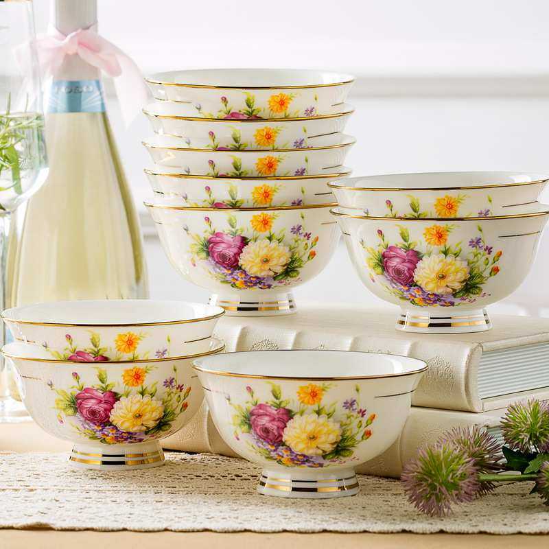 10个防烫金边高脚碗景德镇套装吃饭单家用碗骨瓷餐具米饭碗碟陶瓷