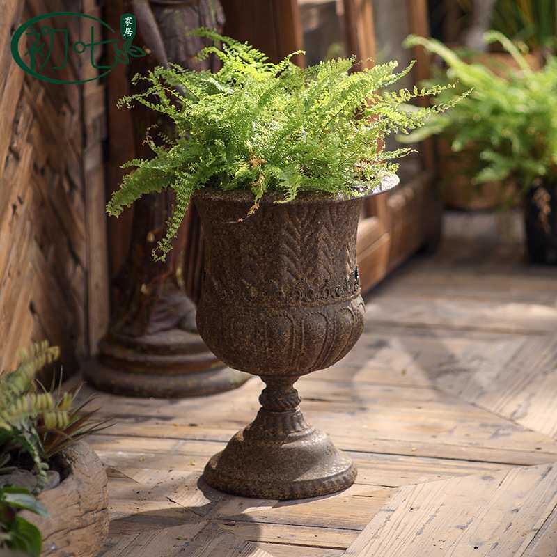 欧式复古铁艺花盆工艺品 高脚奖杯做旧花器家居金属花瓶装饰摆件