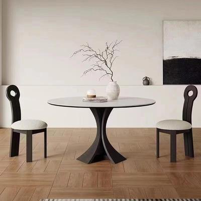 法式实木岩板圆形餐桌椅组合现代简约家用小户型纯白高端复古饭桌