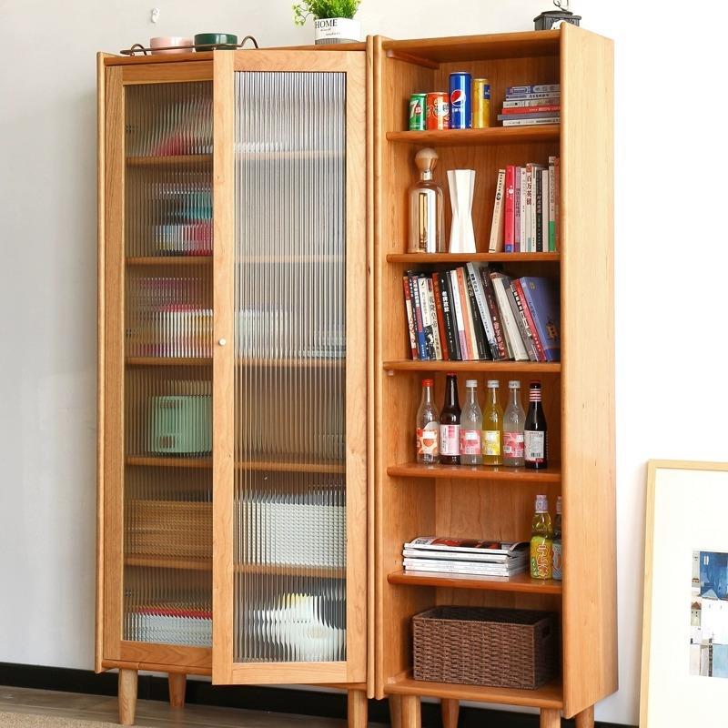 实木书柜北欧樱桃木原木落地置物日式玻璃储物橱书柜带门书架家用