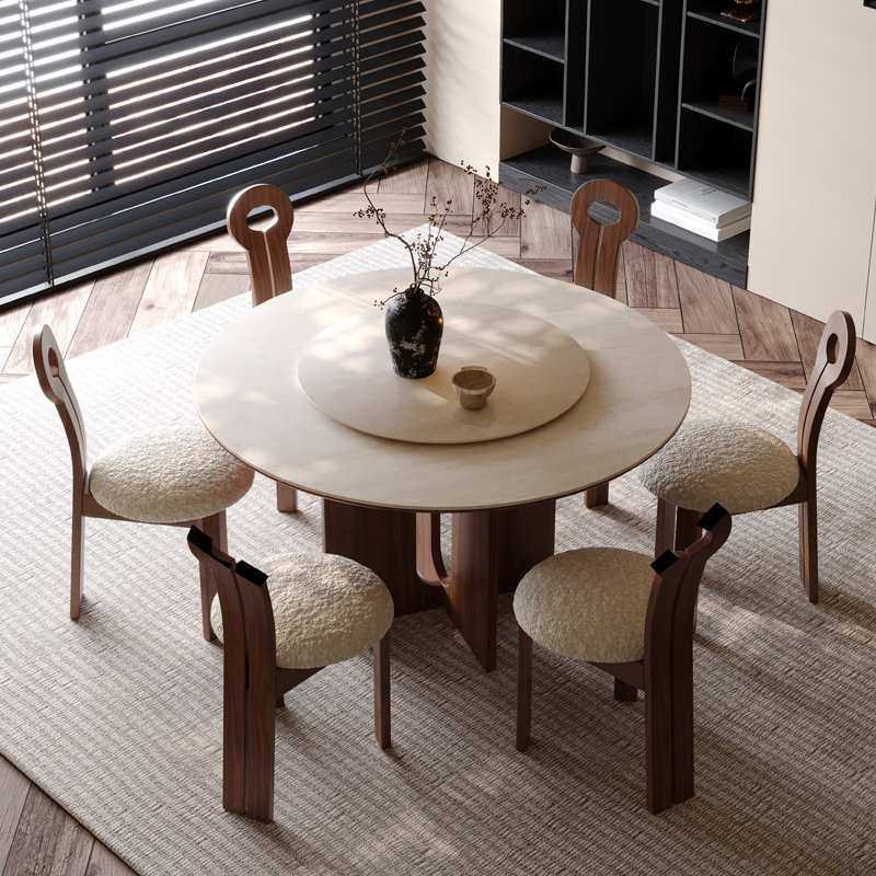 中古风德利丰洞石岩板圆桌家用圆形饭桌网红黑胡桃木圆餐桌椅组合