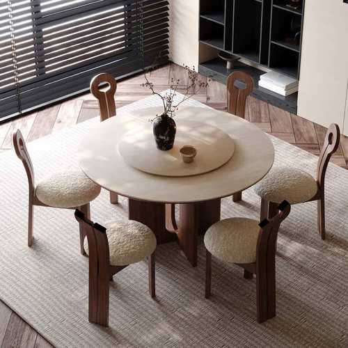 中古风德利丰洞石岩板圆桌家用圆形饭桌网红黑胡桃木圆餐桌椅组合