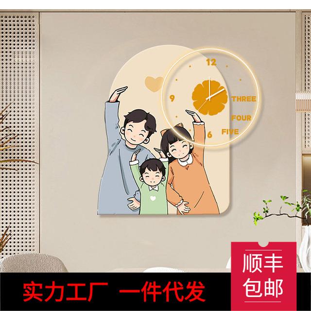 一家三口餐厅装饰画带钟表简约led发光餐桌壁画温馨客厅挂钟挂画