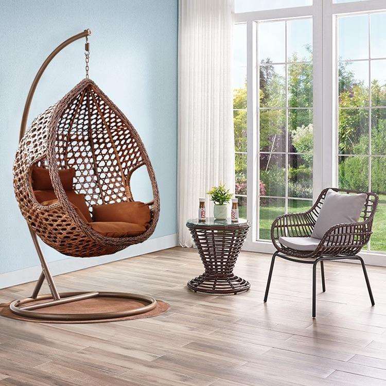 户外藤编秋千三件套组合花园庭院吊篮组合藤编桌椅鸟巢吊椅家具