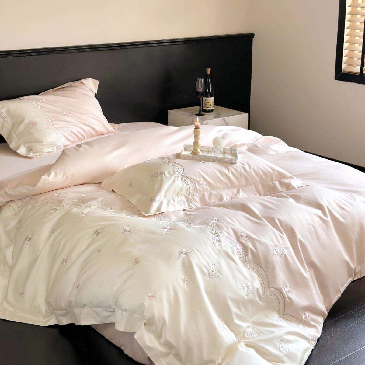 少女心纯棉100支双股长绒棉四件套高端刺绣被套床单全棉床上用品