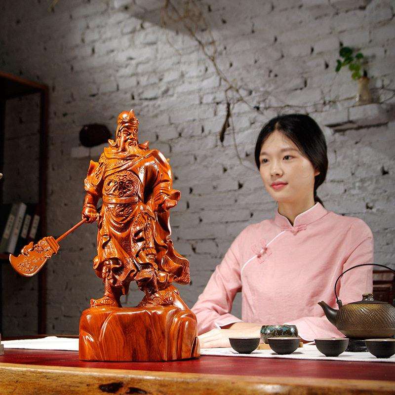 花梨木雕刻武财神关公像公司开业送礼摆件大号家居客厅装饰工艺品