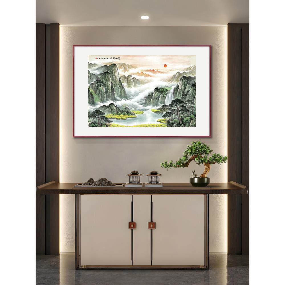 聚宝盆山水画横版玄关挂画新中式小幅实木西墙客厅走廊餐厅装饰画