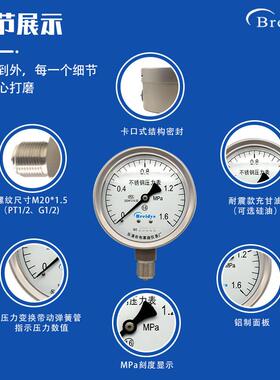 进口式不锈钢压力表YNBF100耐酸碱耐腐蚀水压气压液压0-1.6MPa