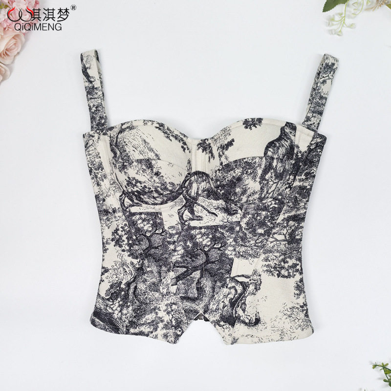 法式修身复古吊带背心轻奢宫廷风水墨画抹胸辣妹虎头印花鱼骨胸衣