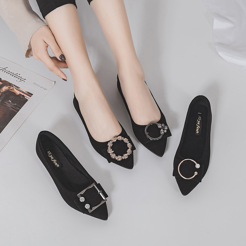 加绒平底单鞋女尖头2020春秋冬新款浅口四季黑色职业软底工作鞋子