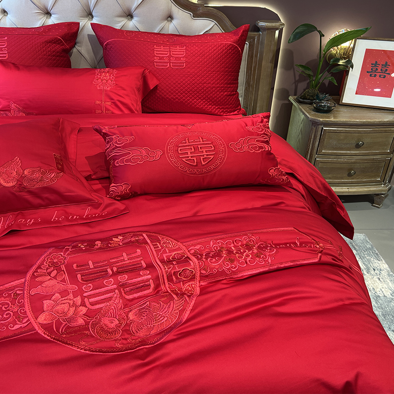 高端140支匹马棉刺绣四件套全棉大红色婚庆龙凤被套新婚中式床品
