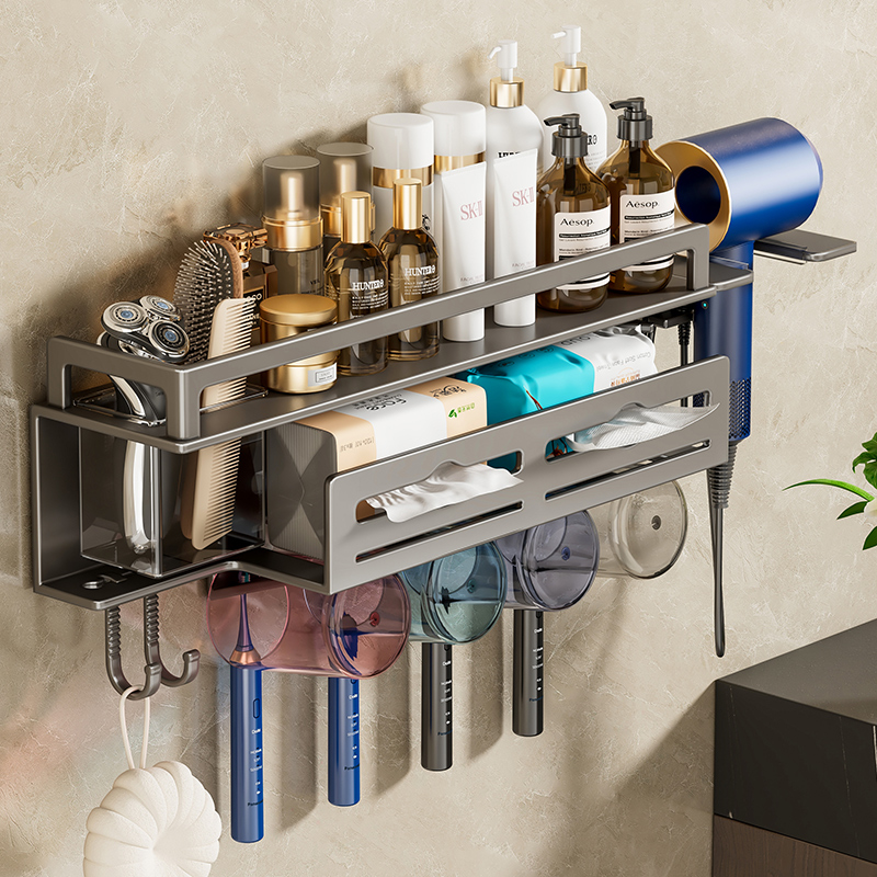卫生间牙刷架子置物架免打孔壁挂式多功能吹风机支架洗脸巾收纳架
