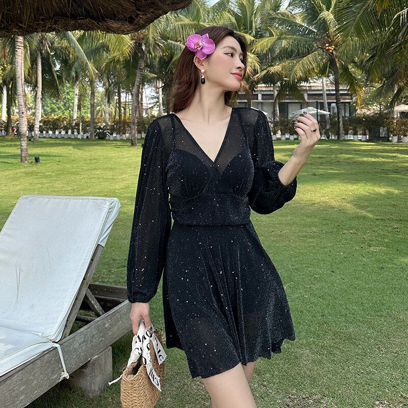 连体钢托聚拢泳衣女款大码长袖裙式带钢圈I裙式温泉2024新款胖妹