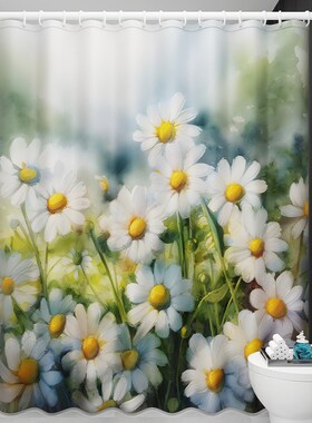 雏菊小清新隔断帘防水浴r室隔水帘卫生间专用淋浴房洗澡套装免打