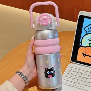 保温杯女生2024新款高颜值男女学生上I学专用带吸管便携拎拎水杯