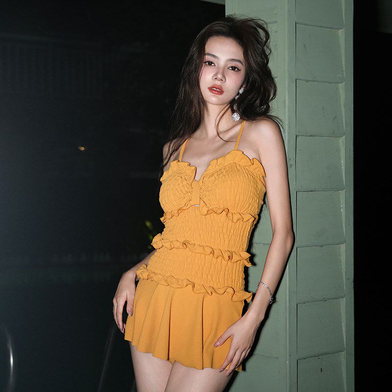 大渔 后背绑带褶皱显瘦少女裙式连体泳装保守P遮肚温泉度假泳衣女