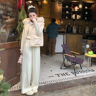 渔小平 花边绒绒裤 加绒阔腿裤女202H4秋冬新款垂坠感软糯直筒裤