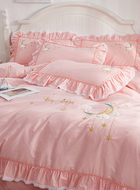 四件套全棉纯棉10m0少女心床单结婚粉色被套床上用品公主风4件套