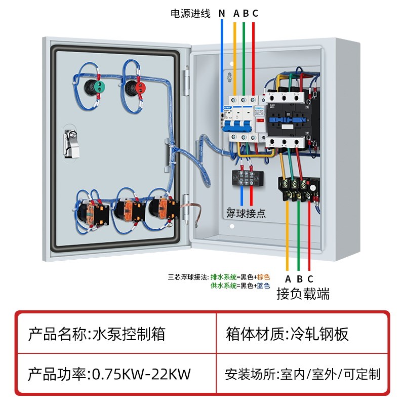 三相水泵控制箱380v单相220v基业箱一用一备自动启停一控二配电箱