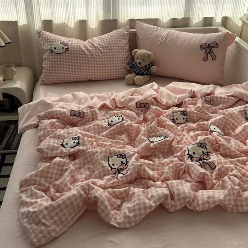 ins可爱少女粉色猫咪毛巾绣水洗棉夏凉被四件套夏季空调被五件套
