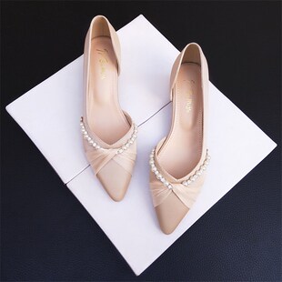 尖头浅口粗跟单鞋女夏气质2025新款法式配裙中跟瓢鞋绝美舒平底鞋