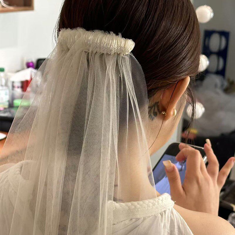 Mi唐手作贝壳头纱白色新娘高级感婚礼领K证求婚头纱影楼拍摄用新
