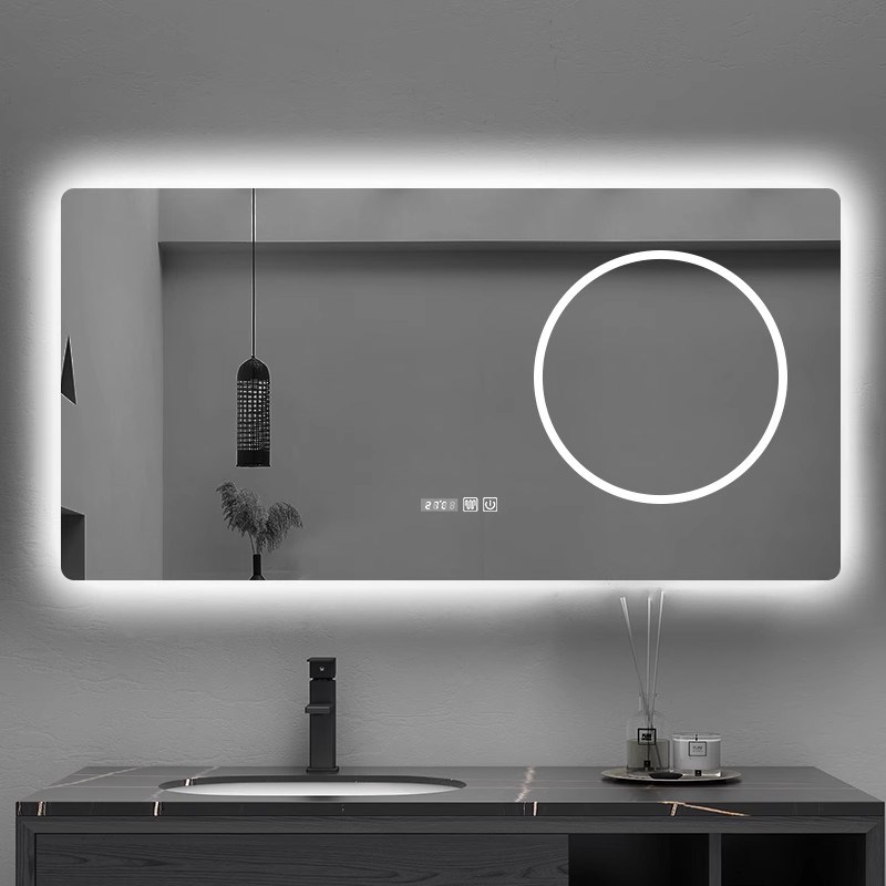卫生间方形带圆环灯智能浴室镜壁挂高清镜子定制尺寸logo2m超白镜