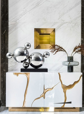 不锈钢球落地雕塑售楼处酒店玄关样板房间现代金属大理石软装摆件