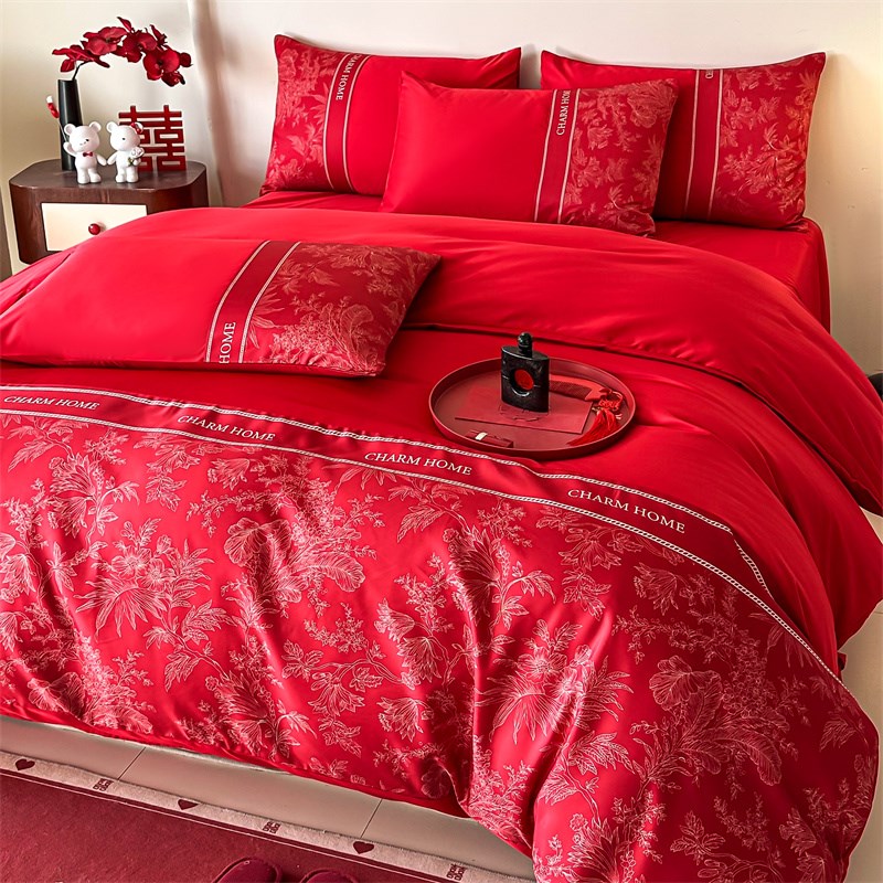 提花结婚床上四件套婚庆大红色全棉被套新婚房喜被床单4