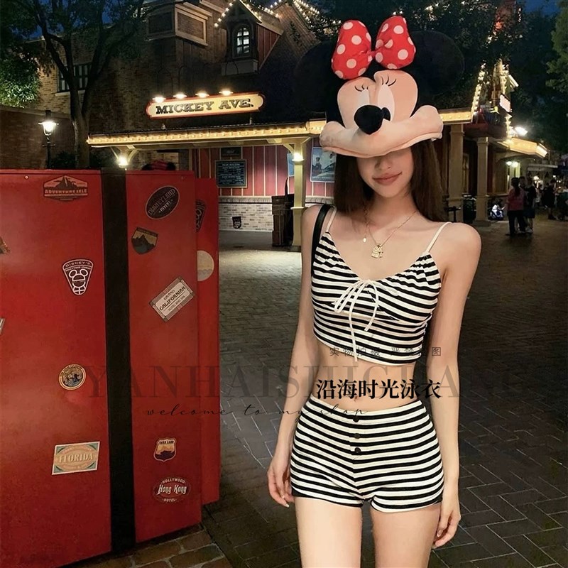 泳衣女纯欲甜美条纹保守罩衫分体B平角比基尼三件套聚拢度假风泳