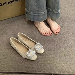 桃小姐晚晚风温柔平底鞋女2024新款百搭高级感水钻方扣法式单鞋子