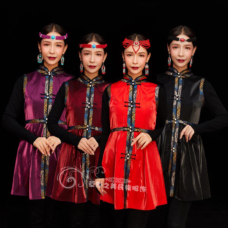 蒙古服装女士马甲长款无袖衫蒙古族日F常生活装蒙古袍坎肩马夹新