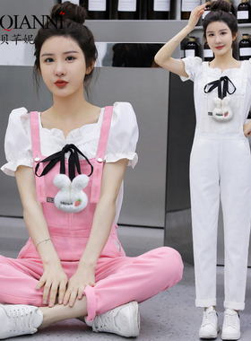 2024新款甜美两n件套装奶呼呼白色少女学生可爱夏季薄款牛仔背带