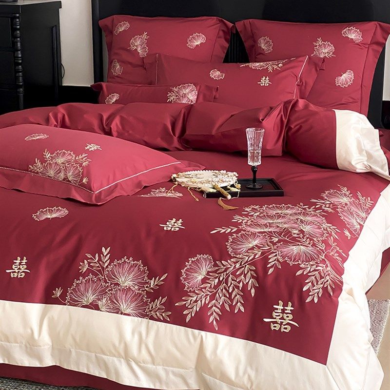 浪漫婚庆100S长绒棉四件套大红喜庆花卉刺绣被套全棉结婚床上用品,床上用品,婚庆床品套件,淘宝优惠券,粉丝福利购,淘宝优惠卷