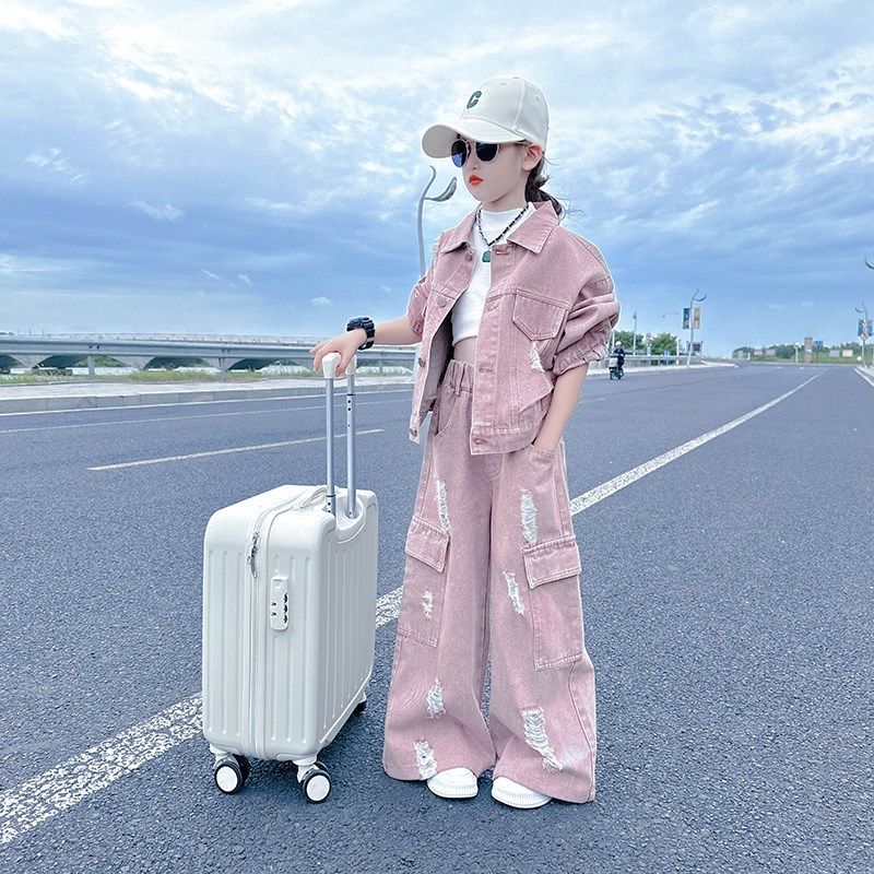 女大童春秋装牛仔套装2024新款儿童洋气炸街韩版工装阔腿裤两件套