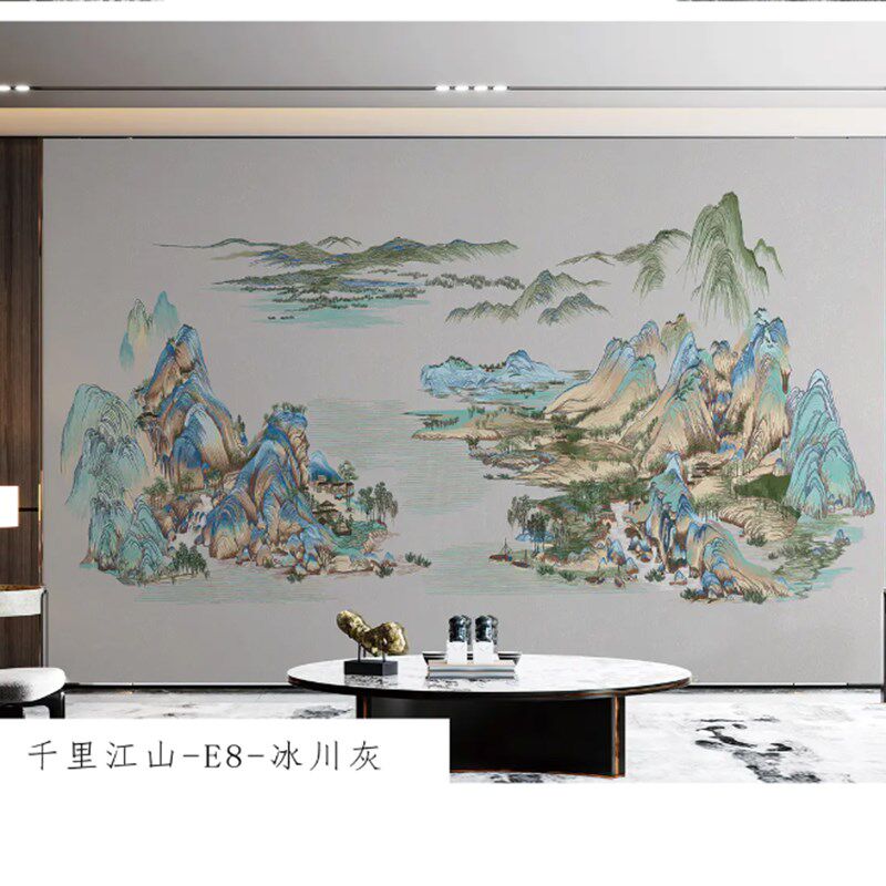 千里江山刺绣背景墙彩金线版w本独绣墙布壁布宋氏美学客厅卧室沙