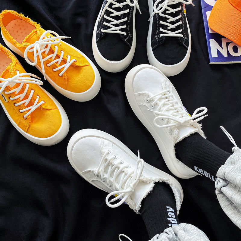 小白鞋男鞋子g帆布鞋厚底圆头学生单鞋薄款透气黄色绿色青少年板