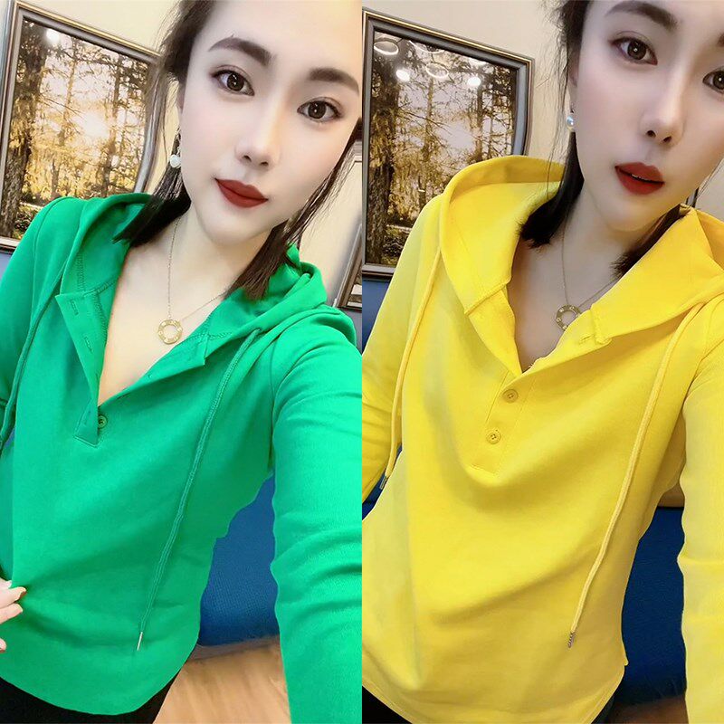 网红气质糖果色t恤女24春秋连帽D半开领洋气百搭减龄遮肉打底小衫
