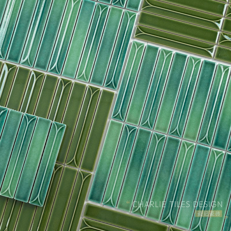 墨绿渐变色马赛克平面异s形瓷砖卫生间背景墙墙面浴室客厅餐亮光