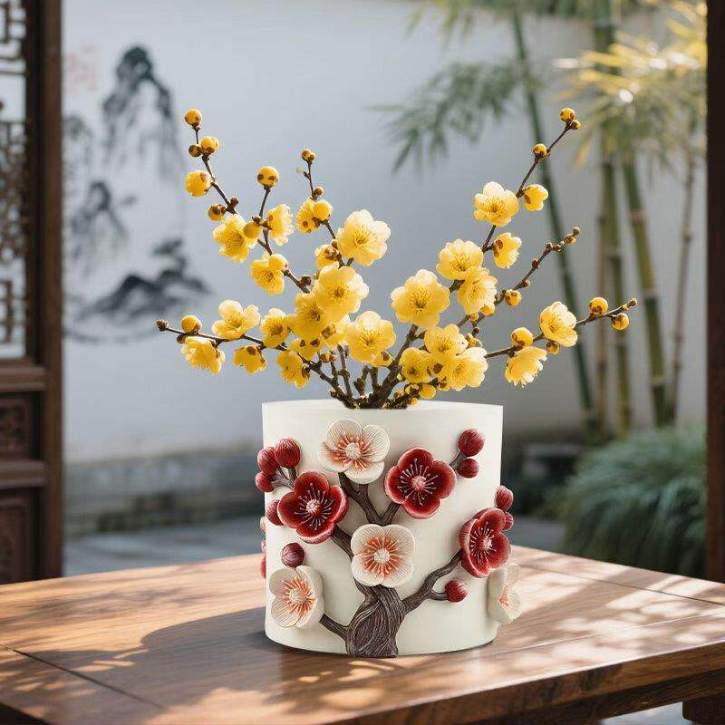 海外热销ChinaFourGentlemen立体图案梅花装饰加厚大口径树脂花盆