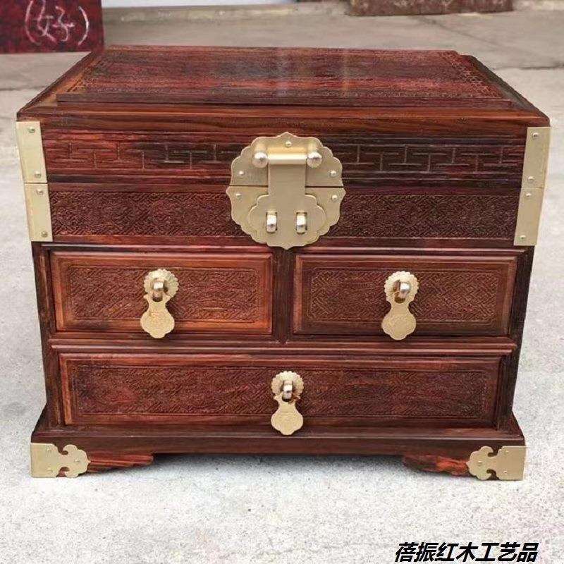 大红酸枝麒麟送子首饰箱结婚送礼珠宝耳饰收纳盒带镜子分格首饰盒