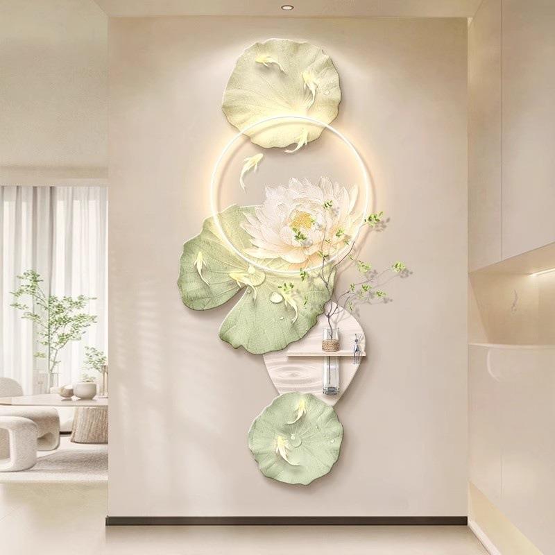 原木奶油风九鱼图玄关装饰画水培绿植肌理走廊过道入户正对门挂画