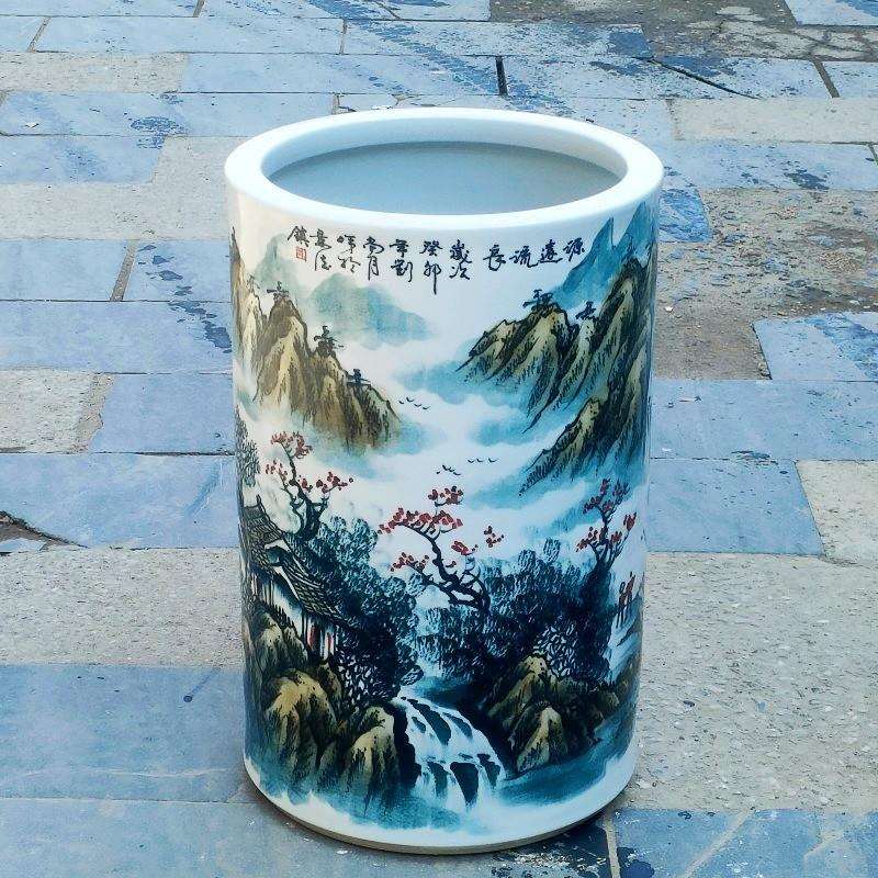 陶瓷书画筒箭筒手绘山水釉下彩源远流长陶瓷摆件字画筒装饰品