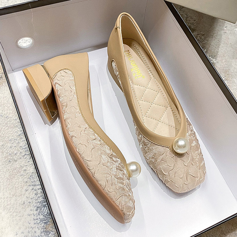 珍珠女鞋夏季薄款一脚蹬单鞋女中跟粗跟软皮瓢鞋大码41-43宽肥脚,女鞋,浅口单鞋,淘宝优惠券,粉丝福利购,淘宝优惠卷