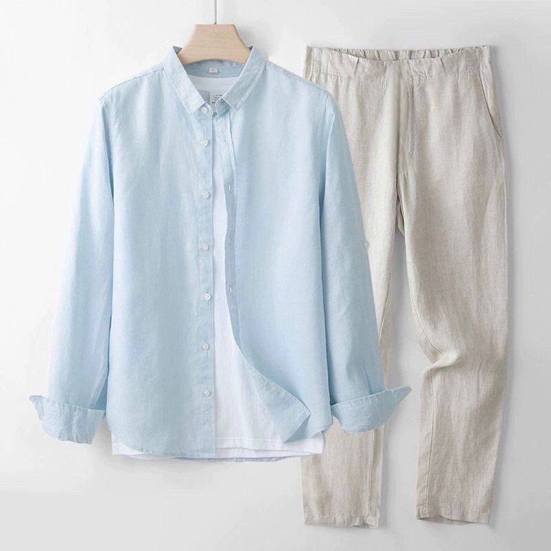 春季新款男士套装纯亚麻长袖衬衫休闲长裤两件套中青年透气麻料服