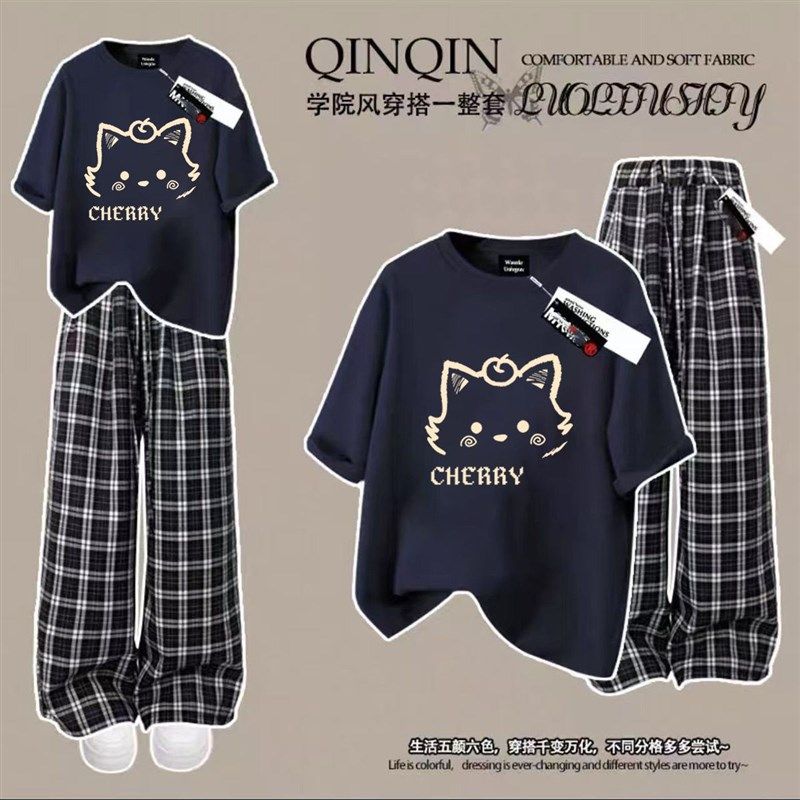 单/套装夏季女学生慵懒风宽松短袖t恤休闲阔腿裤子甜美穿搭两件套